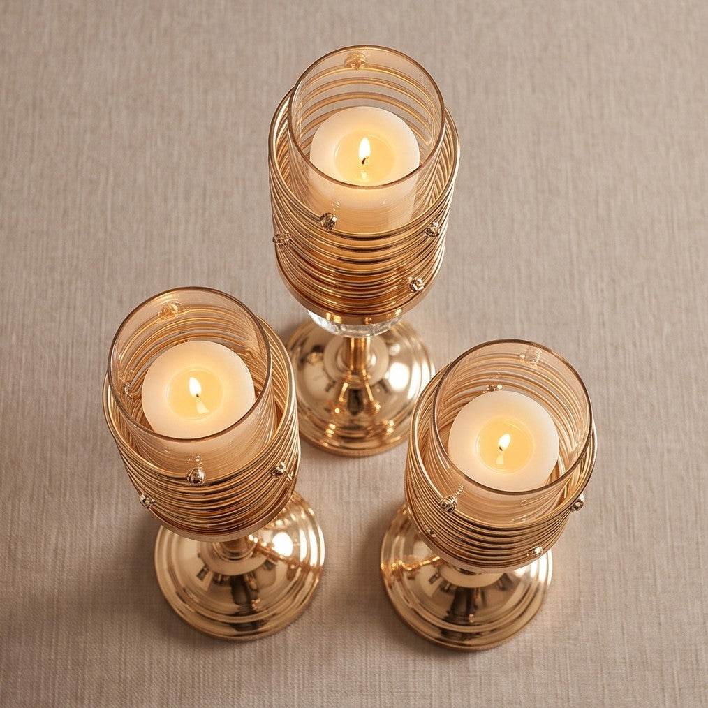 Luxury Gold Spiral Candle Holder Set 3-Piece – Crystal Accent Pillar Stands