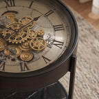 Steampunk Gear Clock Accent Table – Round Side Table with Marble Shelf