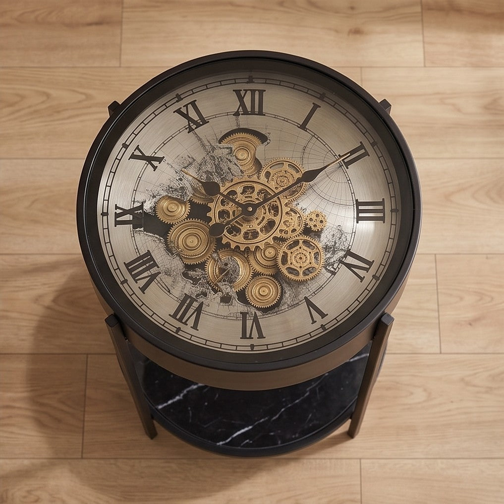 Steampunk Gear Clock Accent Table – Round Side Table with Marble Shelf