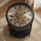 Steampunk Gear Clock Accent Table – Round Side Table with Marble Shelf