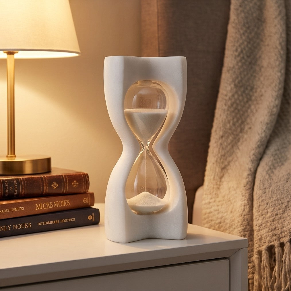 Modern Sculptural Marble Hourglass – Decorative Sand Timer Showpiece