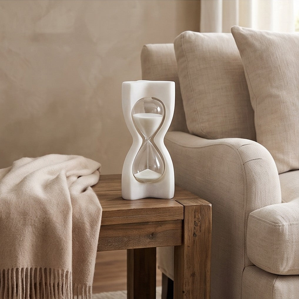 Modern Sculptural Marble Hourglass – Decorative Sand Timer Showpiece