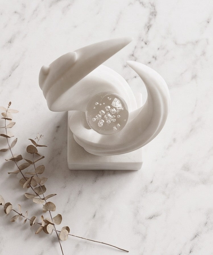 Abstract White Marble Sculpture with Crystal Orb – Modern Art Showpiece