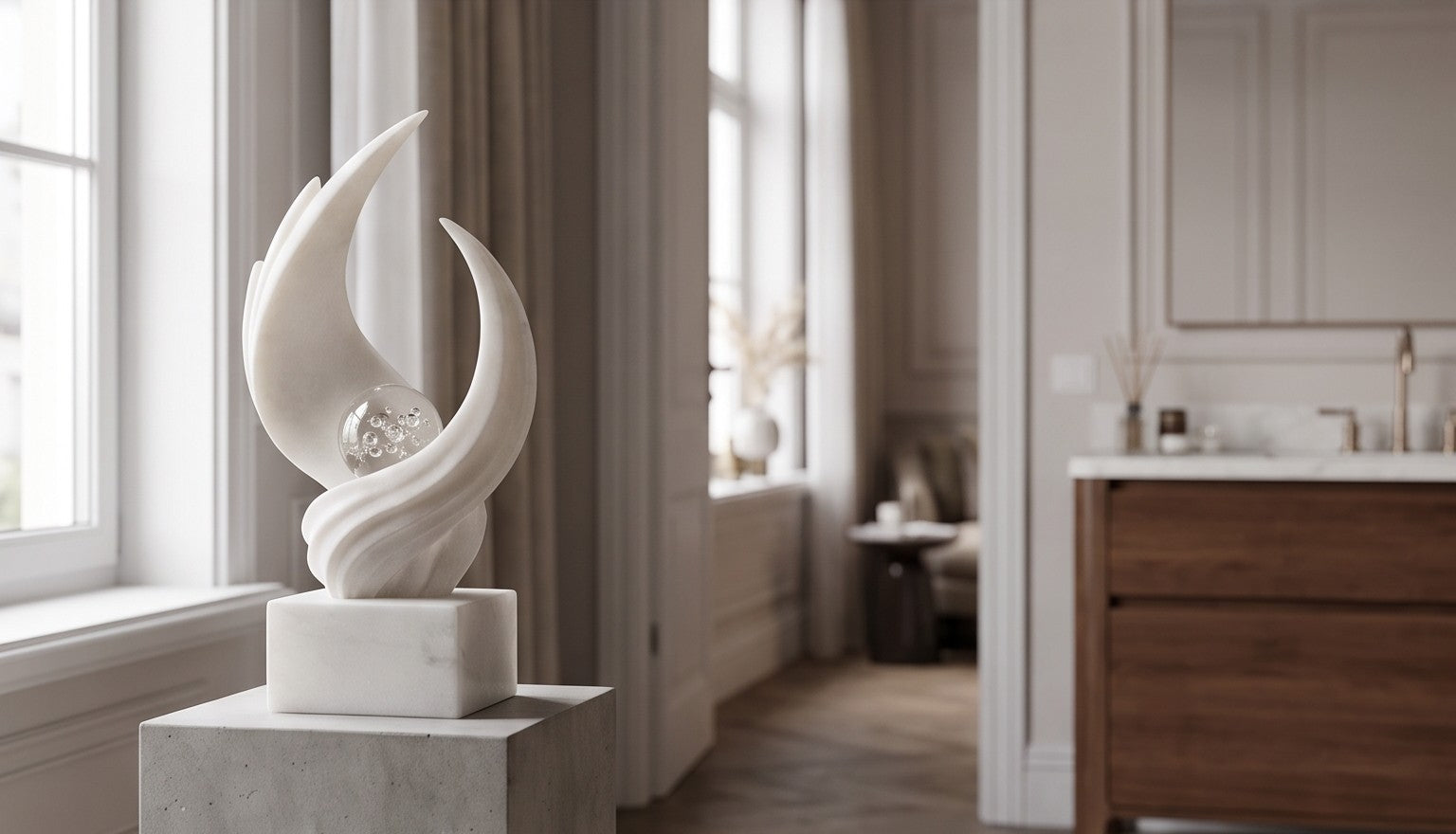 Abstract White Marble Sculpture with Crystal Orb – Modern Art Showpiece
