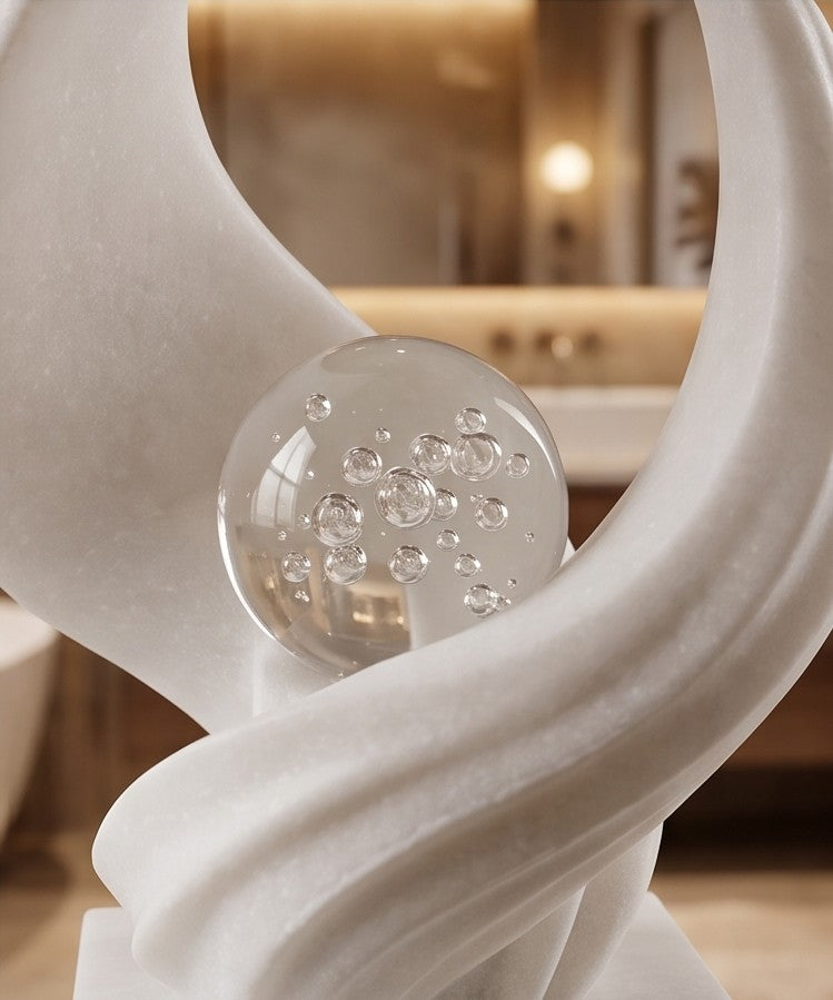 Abstract White Marble Sculpture with Crystal Orb – Modern Art Showpiece