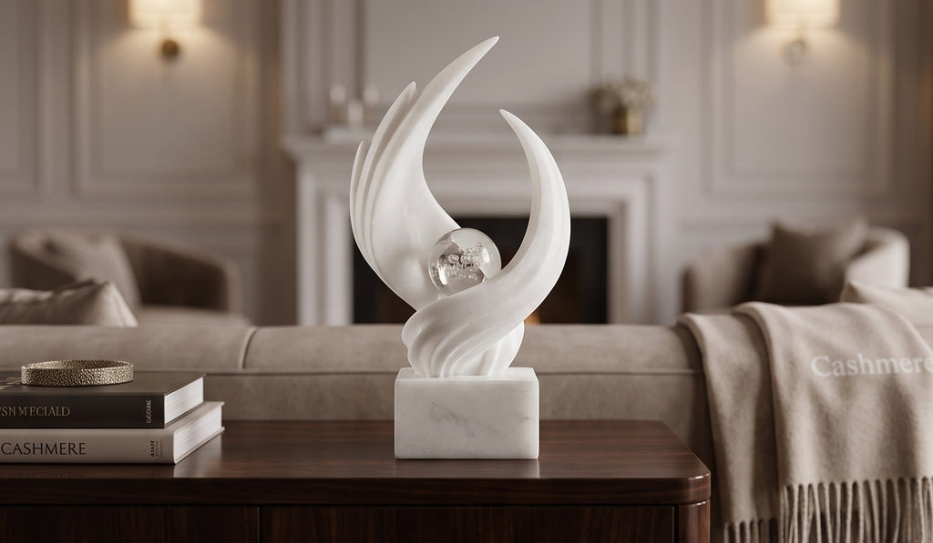 Abstract White Marble Sculpture with Crystal Orb – Modern Art Showpiece
