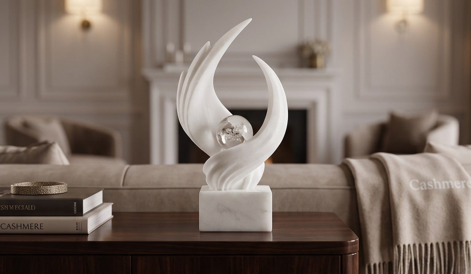 Abstract White Marble Sculpture with Crystal Orb – Modern Art Showpiece