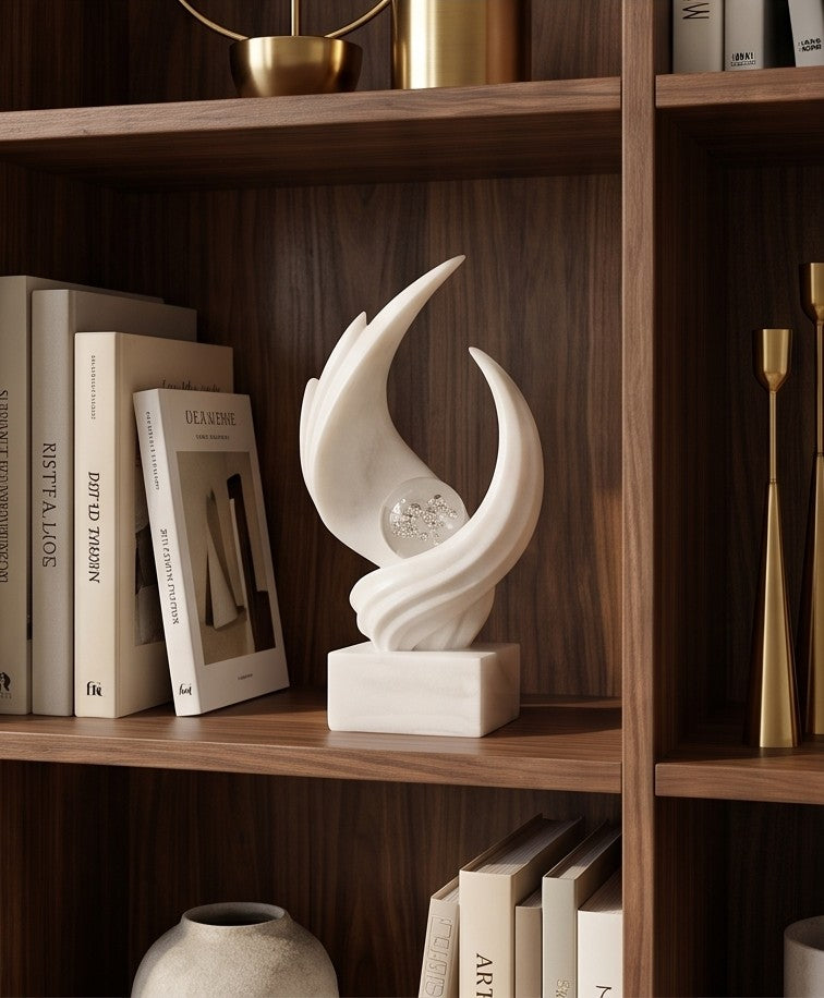 Abstract White Marble Sculpture with Crystal Orb – Modern Art Showpiece