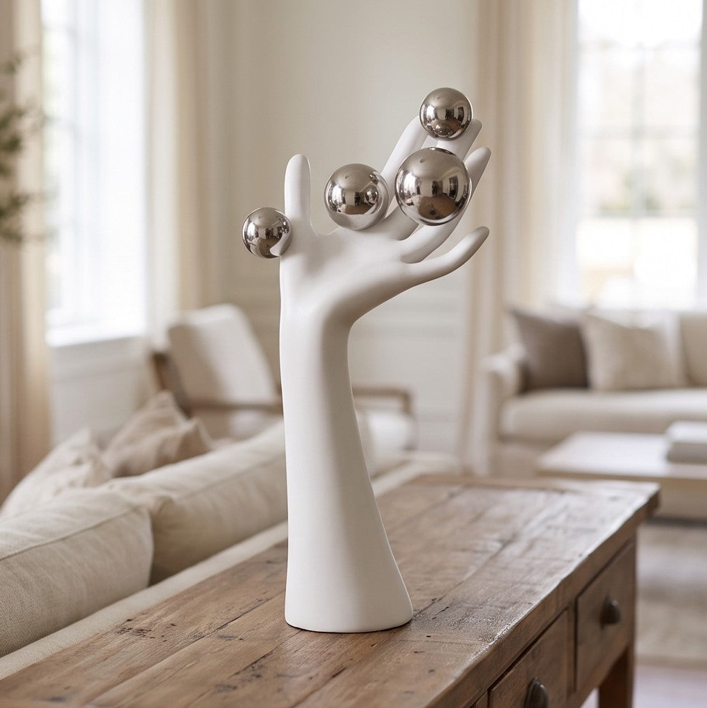 Surreal Hand Sculpture with Silver Orbs – Modern Decorative Statue