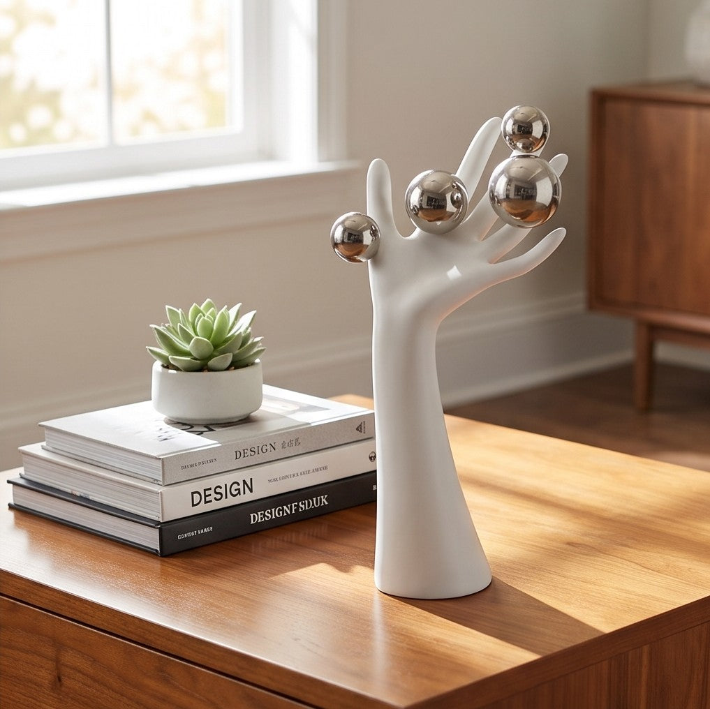 Surreal Hand Sculpture with Silver Orbs – Modern Decorative Statue