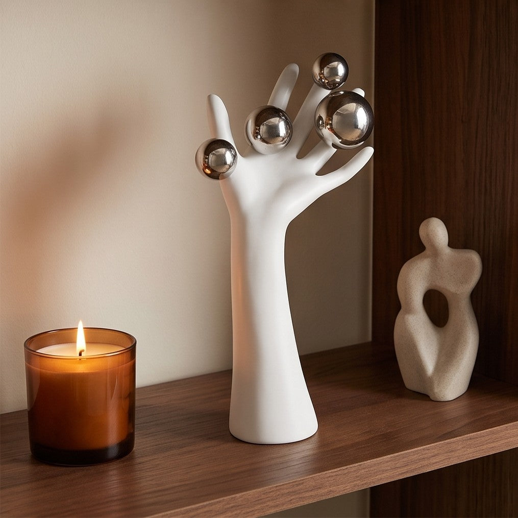 Surreal Hand Sculpture with Silver Orbs – Modern Decorative Statue