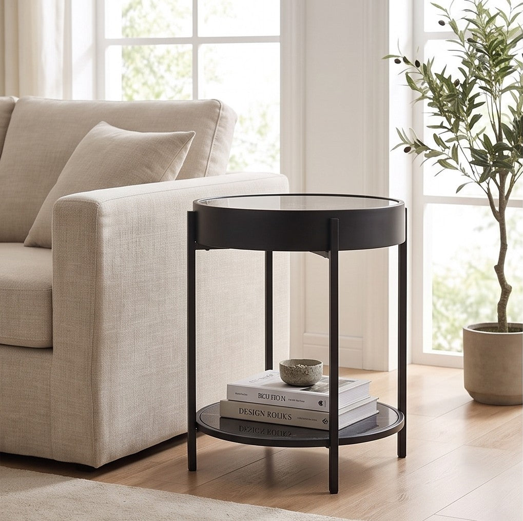 Steampunk Gear Clock Accent Table – Round Side Table with Marble Shelf