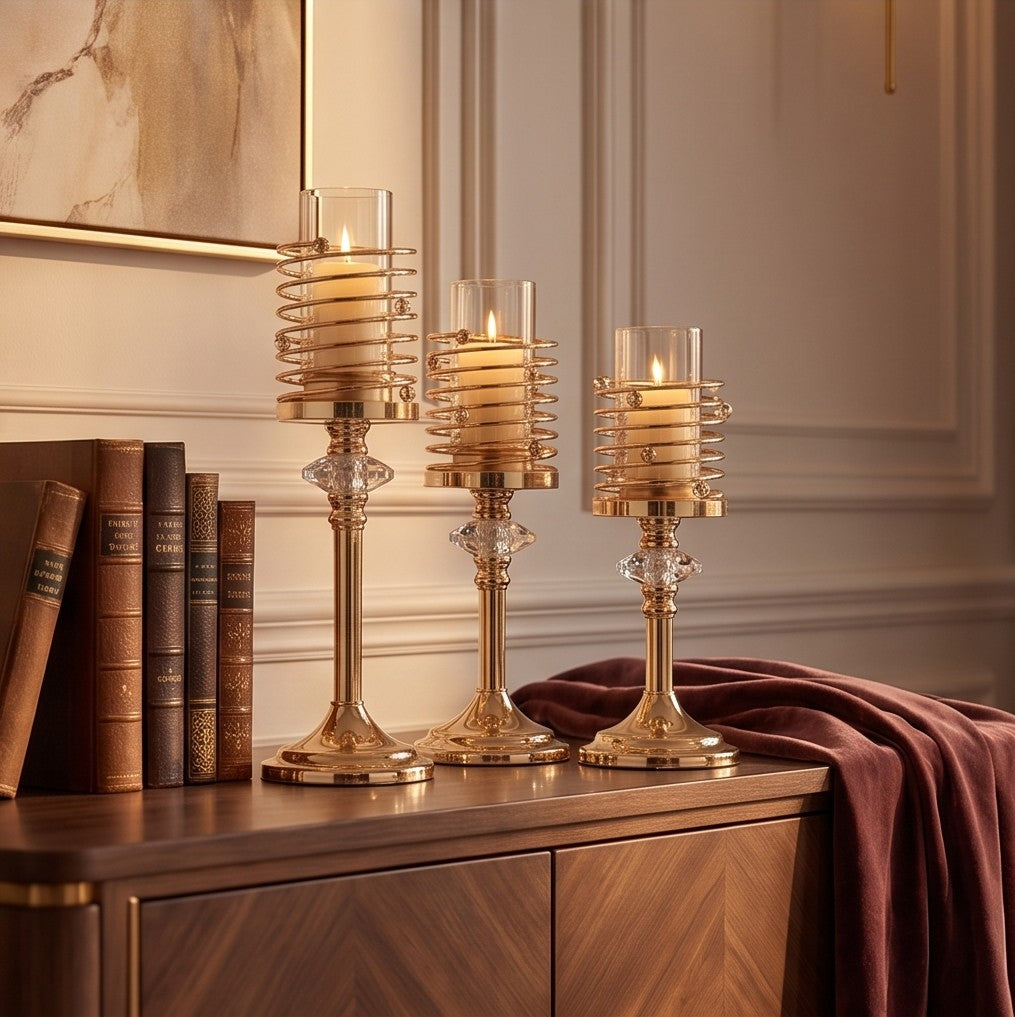 Luxury Gold Spiral Candle Holder Set 3-Piece – Crystal Accent Pillar Stands