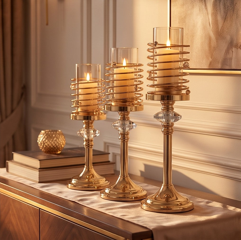 Luxury Gold Spiral Candle Holder Set 3-Piece – Crystal Accent Pillar Stands