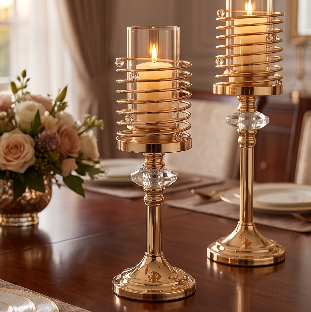 Luxury Gold Spiral Candle Holder Set 3-Piece – Crystal Accent Pillar Stands