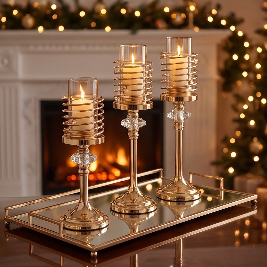 Luxury Gold Spiral Candle Holder Set 3-Piece – Crystal Accent Pillar Stands