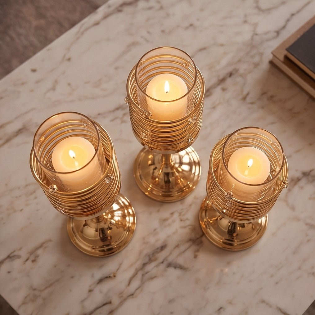 Luxury Gold Spiral Candle Holder Set 3-Piece – Crystal Accent Pillar Stands