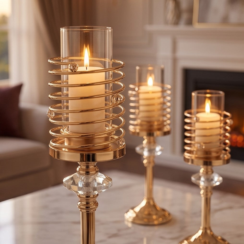 Luxury Gold Spiral Candle Holder Set 3-Piece – Crystal Accent Pillar Stands