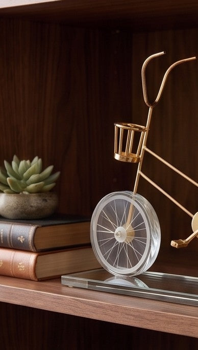 Golden Vintage Bicycle Showpiece with Crystal Wheels – Decorative Table Accent