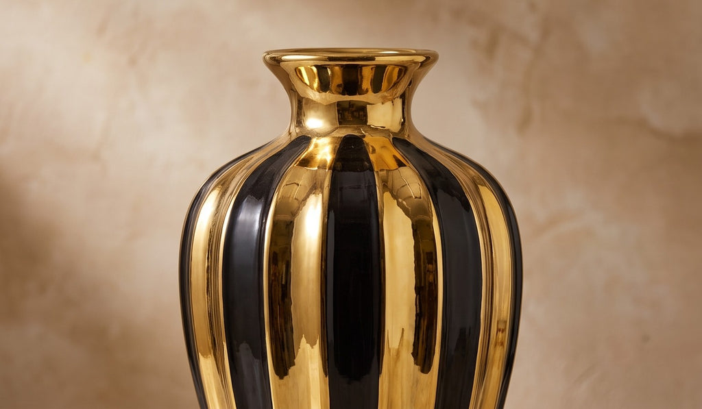 Modern Black and Gold Striped Ceramic Vase Set