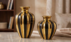 Modern Black and Gold Striped Ceramic Vase Set