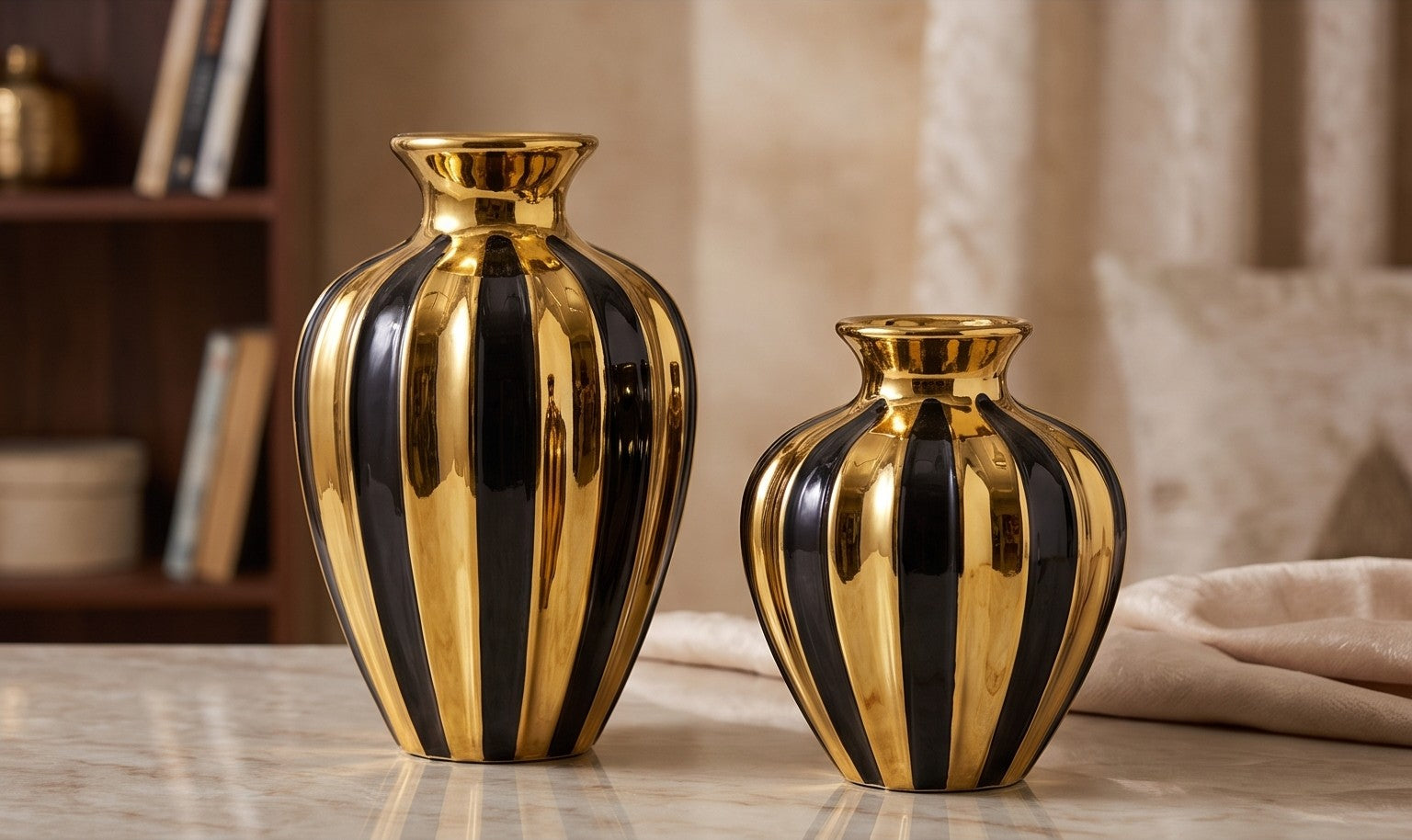 Modern Black and Gold Striped Ceramic Vase Set