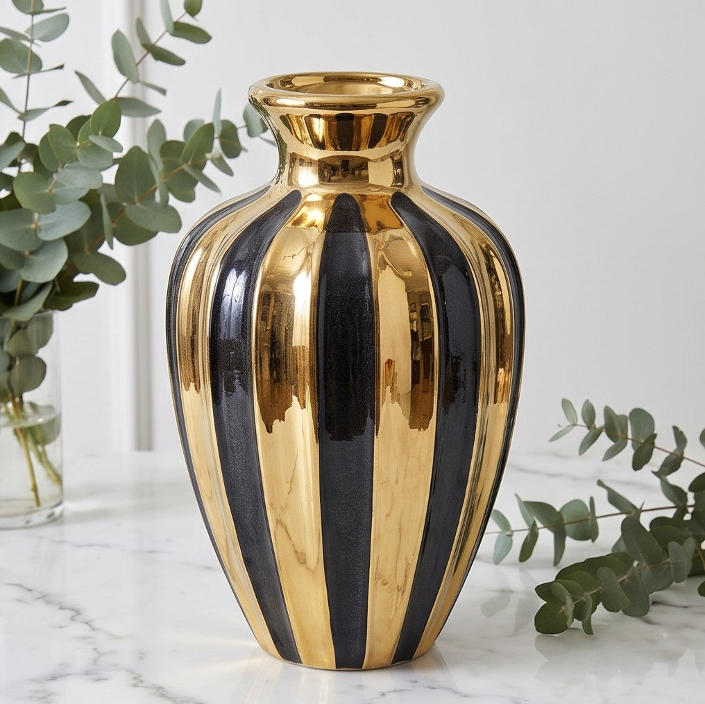 Modern Black and Gold Striped Ceramic Vase Set