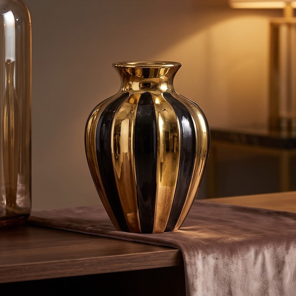 Modern Black and Gold Striped Ceramic Vase Set