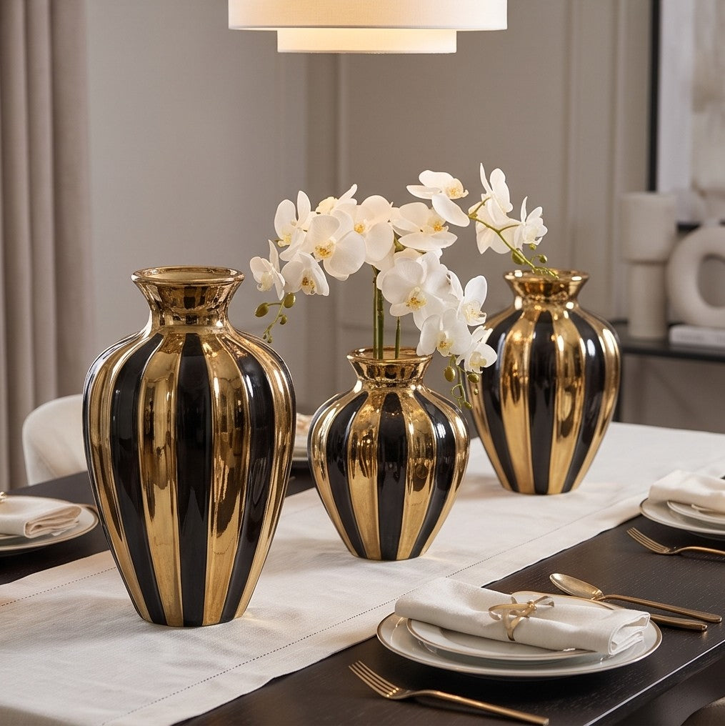 Modern Black and Gold Striped Ceramic Vase Set