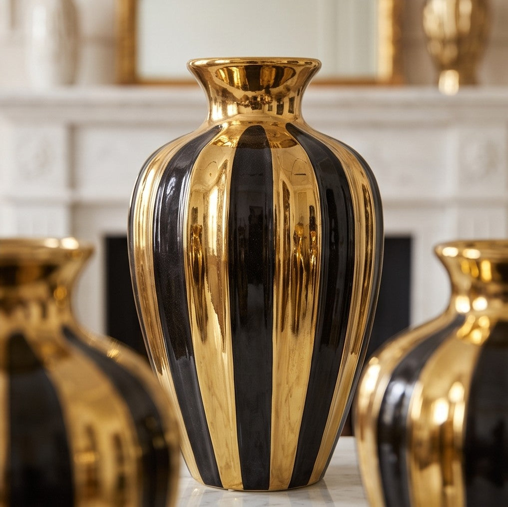 Modern Black and Gold Striped Ceramic Vase Set