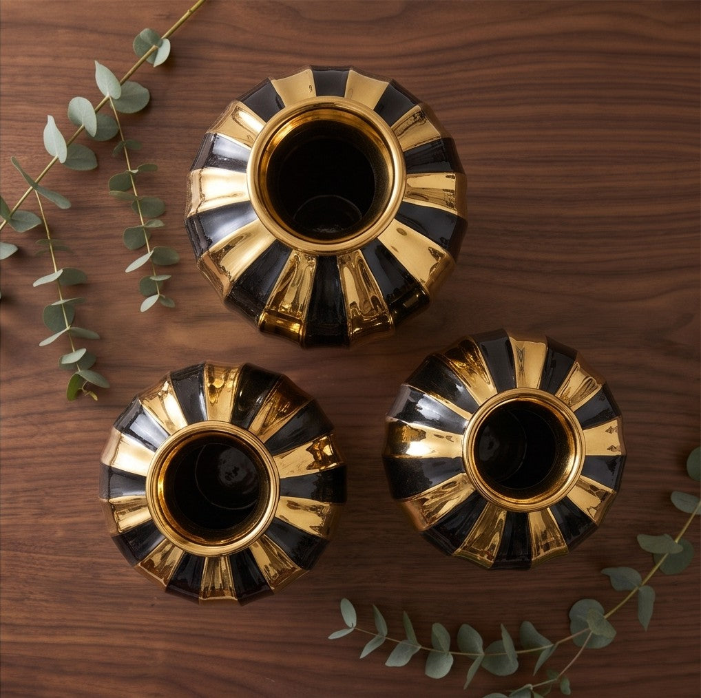 Modern Black and Gold Striped Ceramic Vase Set