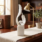 White Marble Feather Sculpture with Crystal Bubble Sphere