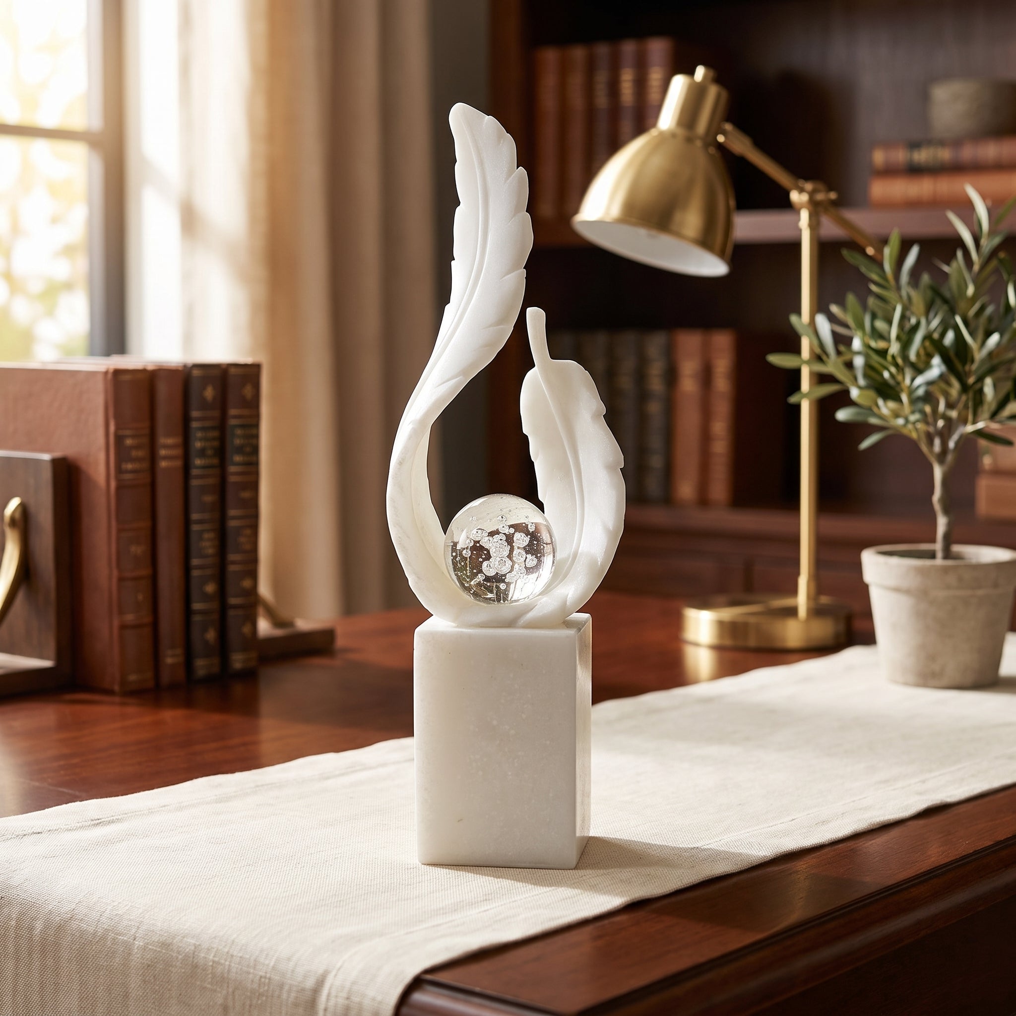 White Marble Feather Sculpture with Crystal Bubble Sphere