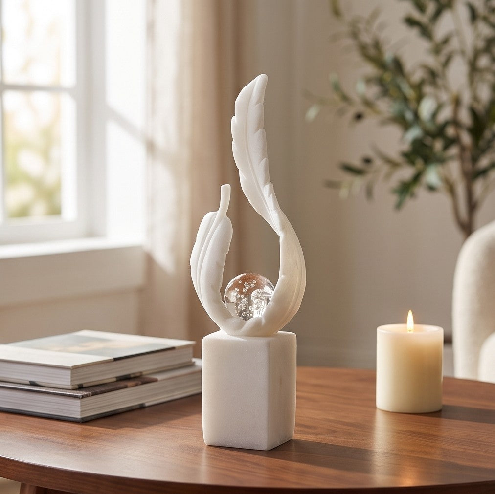 White Marble Feather Sculpture with Crystal Bubble Sphere