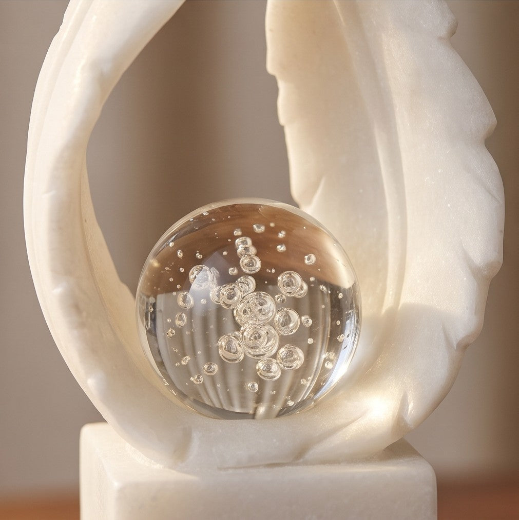 White Marble Feather Sculpture with Crystal Bubble Sphere