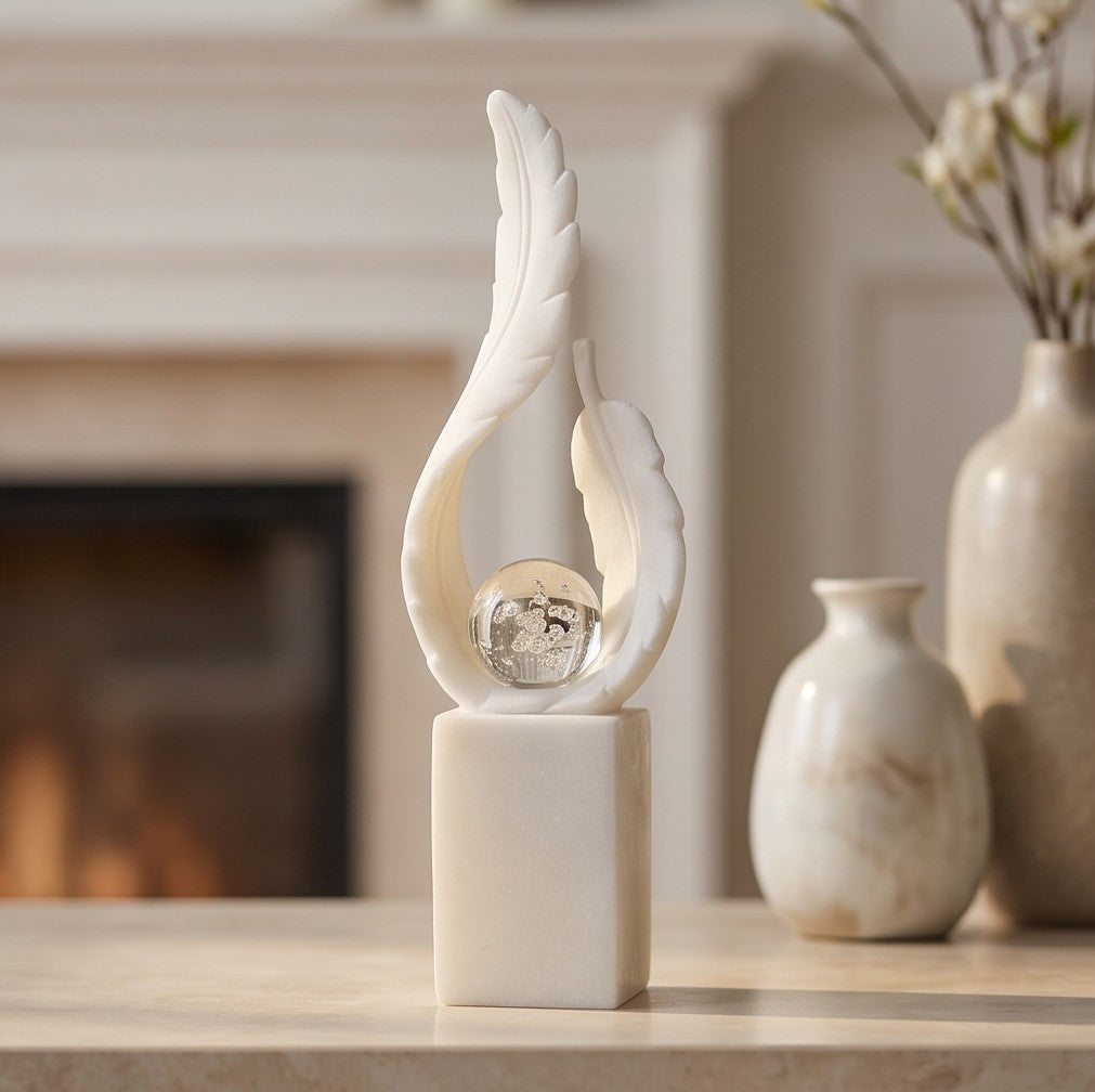 White Marble Feather Sculpture with Crystal Bubble Sphere