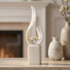 White Marble Feather Sculpture with Crystal Bubble Sphere