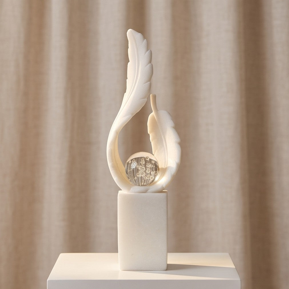 White Marble Feather Sculpture with Crystal Bubble Sphere