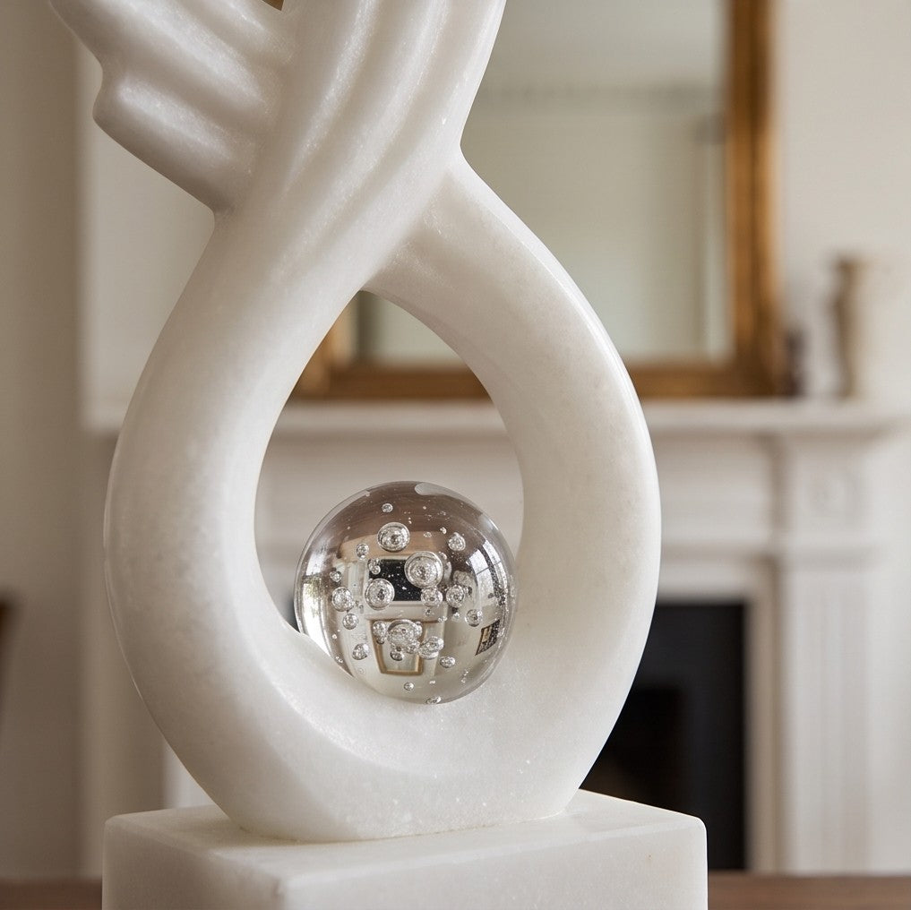 White Marble Infinity Sculpture with Crystal Bubble Sphere