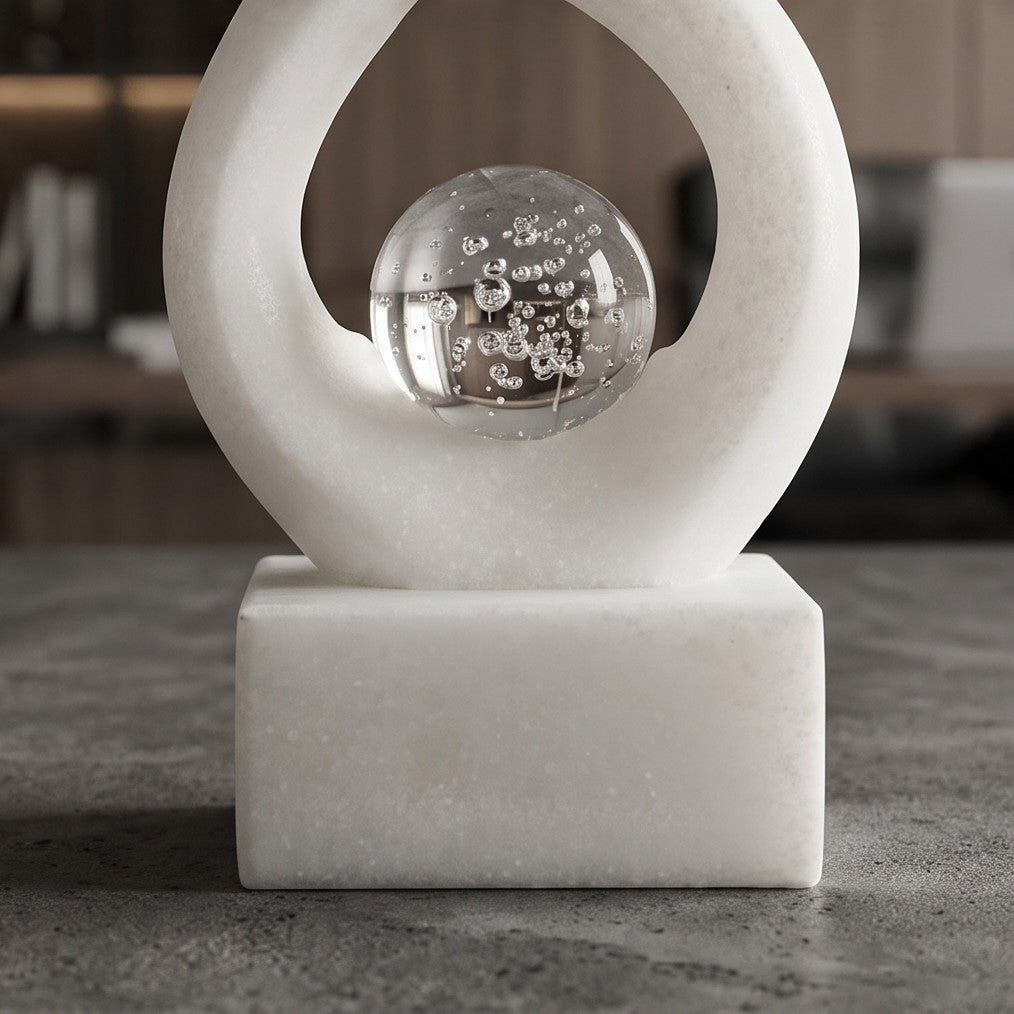 White Marble Infinity Sculpture with Crystal Bubble Sphere