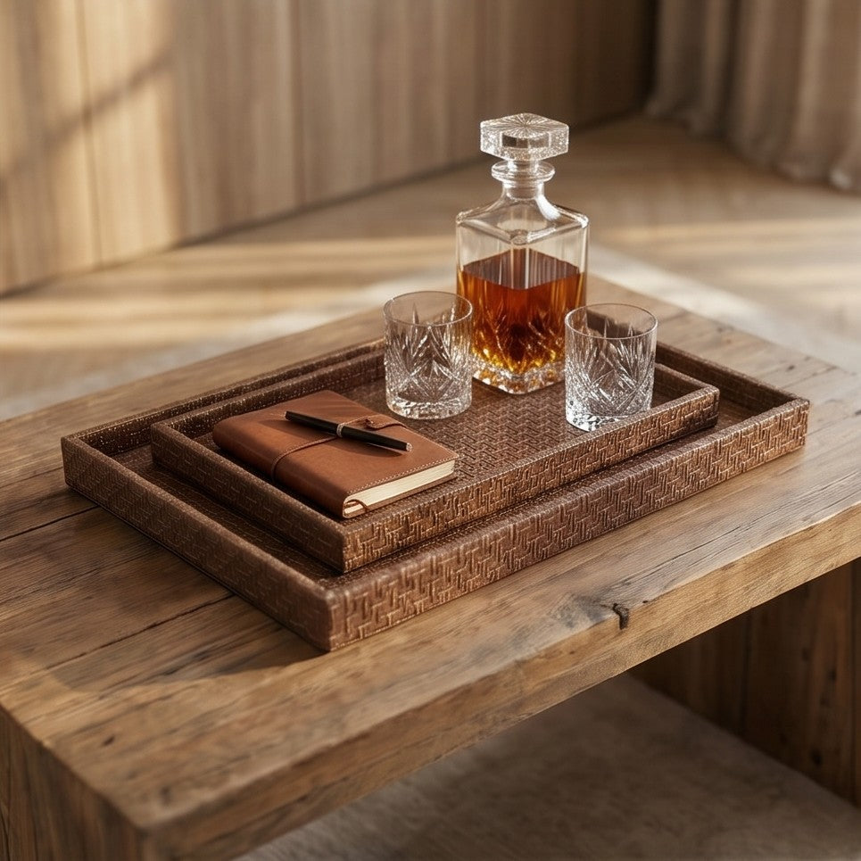 Luxury Textured Serving Tray Set Premium 2 Pcs Decorative Organizer Trays