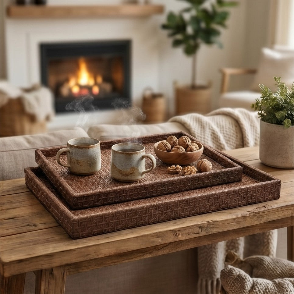 Luxury Textured Serving Tray Set Premium 2 Pcs Decorative Organizer Trays