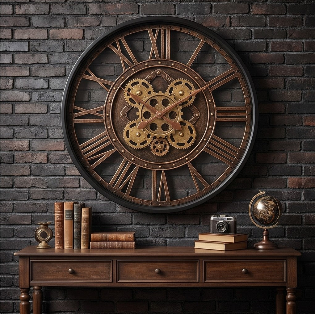 Vintage Industrial Gear Wall Clock – Large Roman Numeral Mechanical Decorative Clock