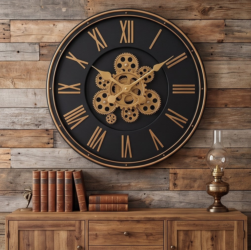 Luxury Black & Gold Gear Wall Clock – Modern Roman Numeral Design