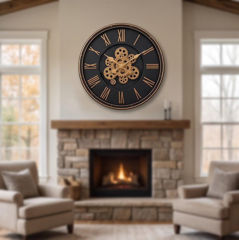 Luxury Black & Gold Gear Wall Clock – Modern Roman Numeral Design
