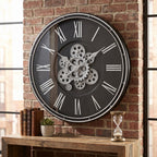 Luxury Black & Silver Skeleton Gear Wall Clock – Roman Numeral Design