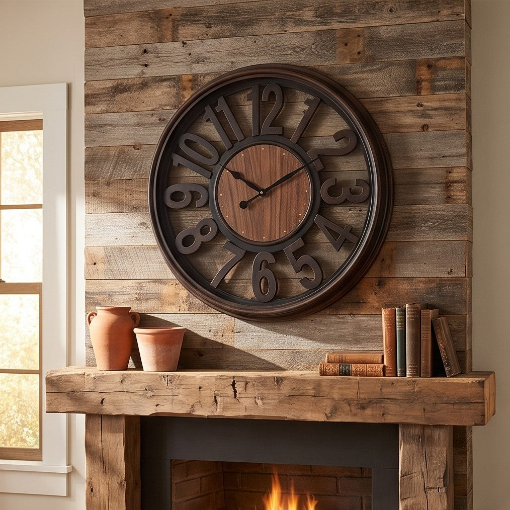 Modern Rustic Wood Wall Clock – Large Roman Numeral Decorative Clock for Home & Office