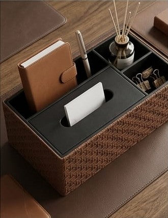 Luxury Vegan Leather Desk Organizer with Built-in Tissue Box Holder & Stationery Slots