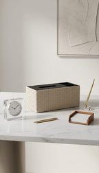 Luxury Vegan Leather Desk Organizer with Built-in Tissue Box Holder & Stationery Slots