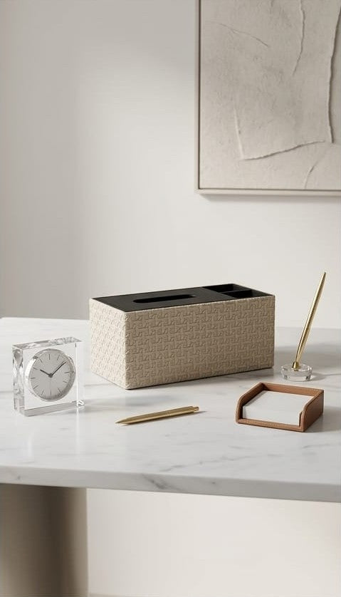 Luxury Vegan Leather Desk Organizer with Built-in Tissue Box Holder & Stationery Slots